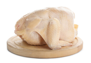 Board with whole raw chicken on white background