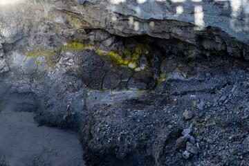 Geothermal Landscape with hot boiling mud and sulphur springs due to volcanic activity in Wai-O-Tapu, Thermal Wonderland New Zealand