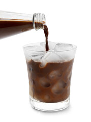Pouring tasty chocolate milk into glass on white background
