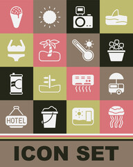 Set Jellyfish, Fast street food cart, Ice bucket, Photo camera with flash, Tropical palm, Swimsuit, cream in waffle cone and Meteorology thermometer icon. Vector