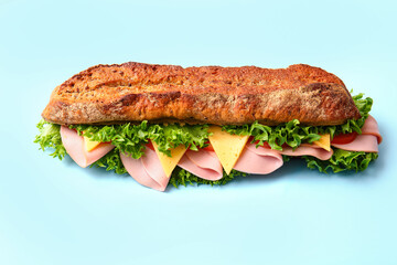 Tasty ciabatta sandwich on color background