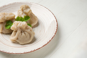 Plate with tasty dumplings on light wooden background, closeup