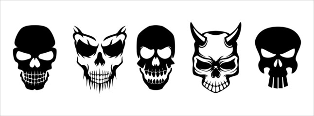 Skull vector halloween set. Skull flames head tattoo illustration. Smirk face skull character design