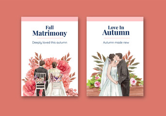 Postcard template with wedding autumn concept,watercolor style
