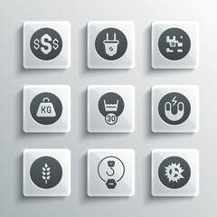Fototapeta premium Set Industrial hook, Bomb explosion, Magnet, Temperature wash, Wheat, Weight, Dollar symbol and QR code icon. Vector
