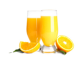 Glasses of tasty orange juice on white background