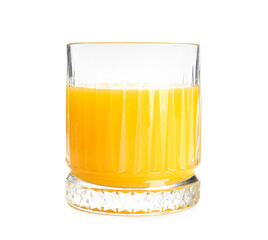 Glass of tasty orange juice on white background