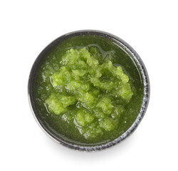Bowl of Tomatillo Salsa Verde sauce on white background