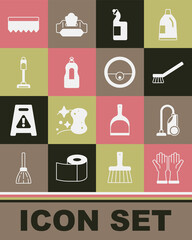 Set Rubber gloves, Vacuum cleaner, Brush for cleaning, Dishwashing liquid bottle, Sponge and Robot vacuum icon. Vector