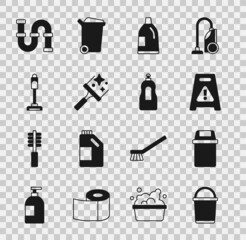Set Bucket, Trash can, Wet floor, Bottle for cleaning agent, Rubber cleaner windows, Vacuum, Industry metallic pipe and Dishwashing liquid bottle icon. Vector