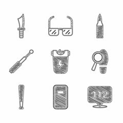 Set Police electric shocker, assault shield, Telephone call 112, Footsteps, Baseball bat, Telescopic baton, Bullet and Military knife icon. Vector