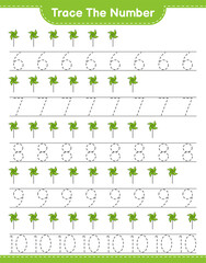 Trace the number. Tracing number with Pinwheels. Educational children game, printable worksheet, vector illustration