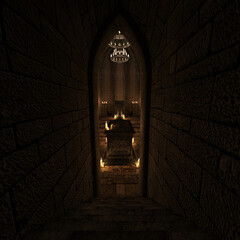 3d-illustration of a scary crypt with candles in a tomb