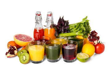 Bottles with healthy juice, fruits and vegetables on white background