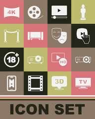 Set Smart Tv, Movie, film, media projector, Online play video, Rope barrier, Screen tv with 4k and Comedy and tragedy masks icon. Vector