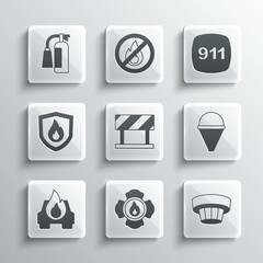 Set Firefighter, Smoke alarm system, cone bucket, Road barrier, Burning car, protection shield, extinguisher and Emergency call 911 icon. Vector