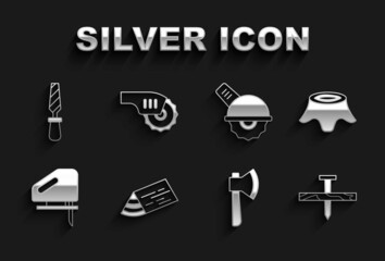 Set Wooden beam, Tree stump, Metallic nail, axe, Electric jigsaw, circular, Rasp metal file and icon. Vector