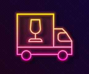 Glowing neon line Wine truck icon isolated on black background. Fast delivery. Vector