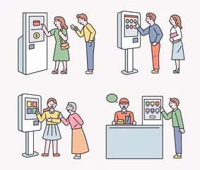 Deurstickers smart lifestyle. People are placing orders at the kiosk. outline simple vector illustration. © MINIWIDE