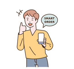 smart lifestyle. outline simple vector illustration. A man is placing an order on a mobile phone and giving a thumbs up.