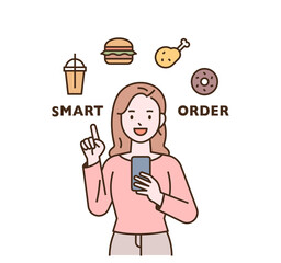smart lifestyle. outline simple vector illustration. A woman is ordering food through her mobile phone.