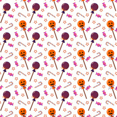 Halloween candies. Pattern with lollipops, canes, and sweets on a white background. Vector illustration. For packaging, textiles, covers and brochures, flyers.