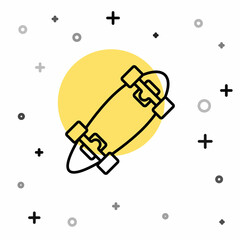 Black line Longboard or skateboard cruiser icon isolated on white background. Extreme sport. Sport equipment. Random dynamic shapes. Vector