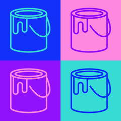 Pop art line Paint bucket icon isolated on color background. Vector