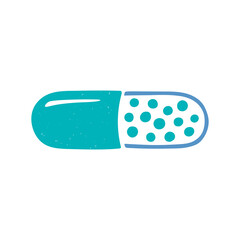 Capsule pill isolated on white background. Granules inside. Vector shabby hand drawn illustration