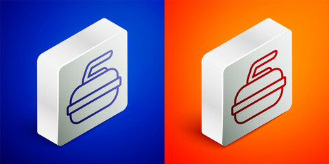 Isometric line Stone for curling sport game icon isolated on blue and orange background. Sport equipment. Silver square button. Vector