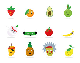 Funny cartoon fruits and vegetables. Flat vector.