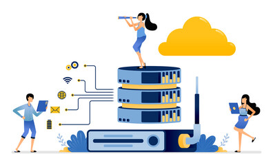 Illustration of router hardware helps stabilize network for storage and sharing on cloud databases services. Vector design can be use for website, web, poster, banner, flyer, mobile apps, social media