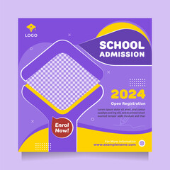School education admission template for social media post and banner promotion. Square vector design with modern blue yellow color