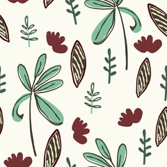 Seamless autumn nature pattern, gardening. Abstract flowers, green and brown leaves and elements, drawing on  white background, hand drawn, packaging, wallpaper, design textiles, vector illustration.