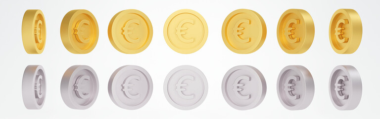 3d Rendering concept of Euro currency money finance. Set of spinning gold silver Euro coins in many views rotate in different angles isolated on white background. Render. illustration. 