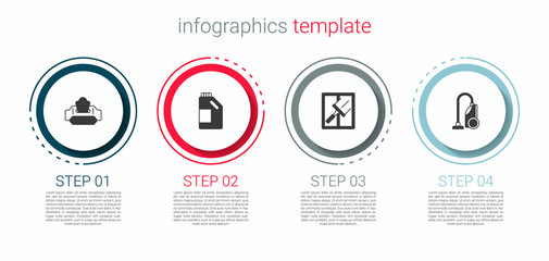 Set Wet wipe pack, Bottle for cleaning agent, Rubber cleaner windows and Vacuum. Business infographic template. Vector