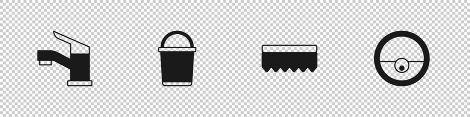 Set Water tap, Bucket, Sponge and Robot vacuum cleaner icon. Vector