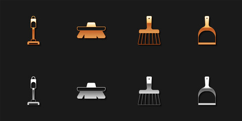Set Vacuum cleaner, Brush for cleaning, Handle broom and Dustpan icon. Vector