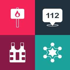 Set pop art Hexagram sheriff, Bulletproof vest, Telephone call 112 and Protest icon. Vector