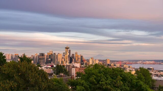 2021 Aug - Sunset Time Lapse of Downtown Seattle with Mount Rainer in the background