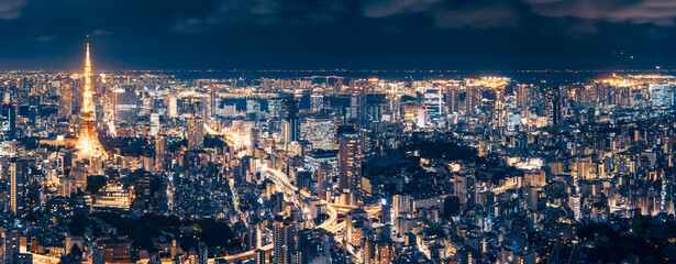 Aerial Panorama from Roppongi Hills Mori Tower -Tokyo metropolis at night with Tokyo Tower and long...