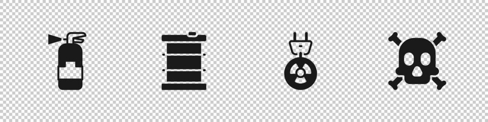 Set Fire extinguisher, Radioactive waste barrel, Radiation electrical plug and Bones and skull warning icon. Vector
