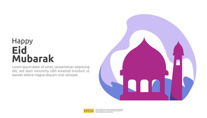 Happy eid mubarak or ramadan greeting with people character. islamic design illustration concept for template for web landing page, social, poster, ad, promotion, print media, banner or presentation