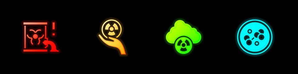 Set Radioactive waste in barrel, , Acid rain and radioactive cloud and Molecule icon. Vector