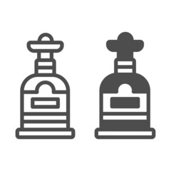 Bottle of tequila with sombrero line and solid icon, bar concept, botteled alcoholic beverage vector sign on white background, outline style icon for mobile concept and web design. Vector graphics.