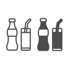 Soda bottle with glass and straw line and solid icon, beverage concept, soft drink vector sign on white background, outline style icon for mobile concept and web design. Vector graphics.