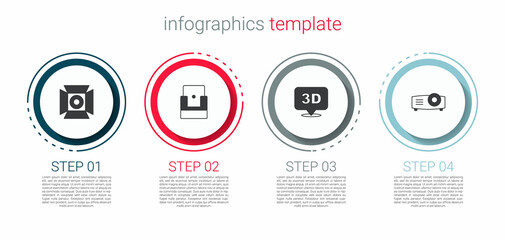 Fototapeta premium Set Movie spotlight, Cinema chair, 3D word and Movie, film, media projector. Business infographic template. Vector