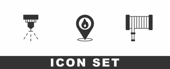 Set Fire sprinkler system, Location with fire flame and hose reel icon. Vector