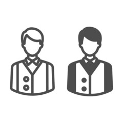 Bartender or waiter in uniform, barkeeper line and solid icon, catering concept, employee vector sign on white background, outline style icon for mobile concept and web design. Vector graphics.