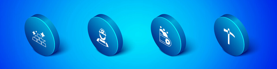 Set Isometric Gold bars, Conveyor belt carrying coal, Pickaxe and Miner helmet icon. Vector